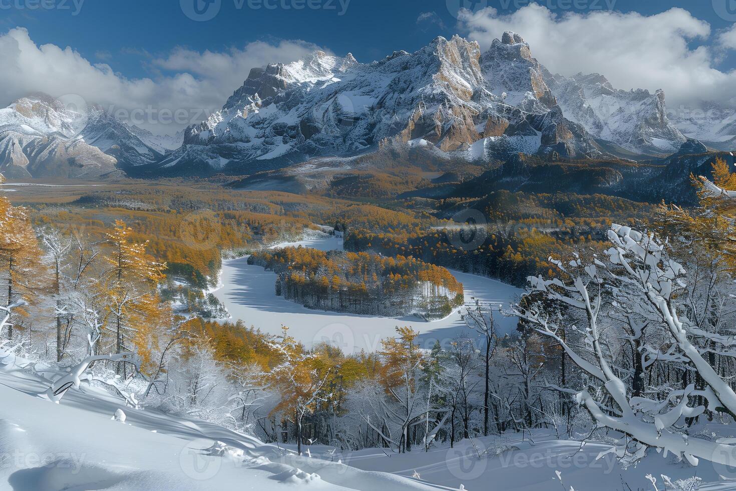Majestic Alpine Winter Landscape with Snow-Covered Mountains and Autumn Foliage photo