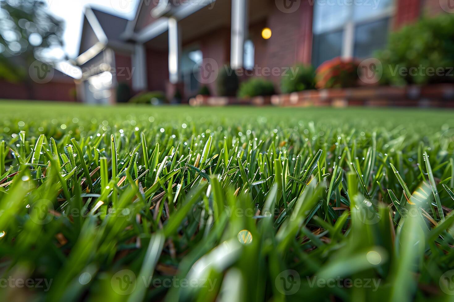 Vibrant Green Lawn in Front of Suburban Brick House for Home and Garden Inspiration photo