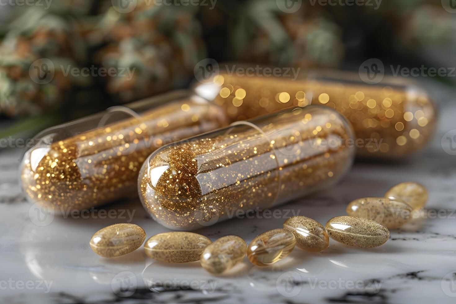 Luxurious Golden Glitter Capsules and Gel Pills on Marble Surface for Health and Wellness Concept photo