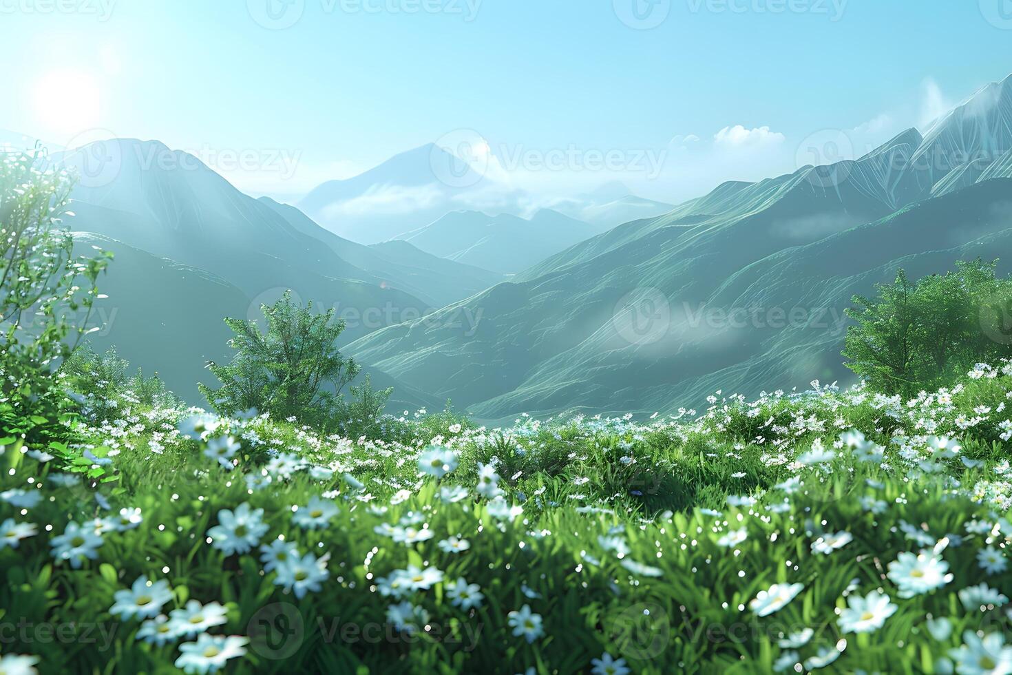 Tranquil Mountain Landscape with Blooming Daisies in Sunlit Meadow photo