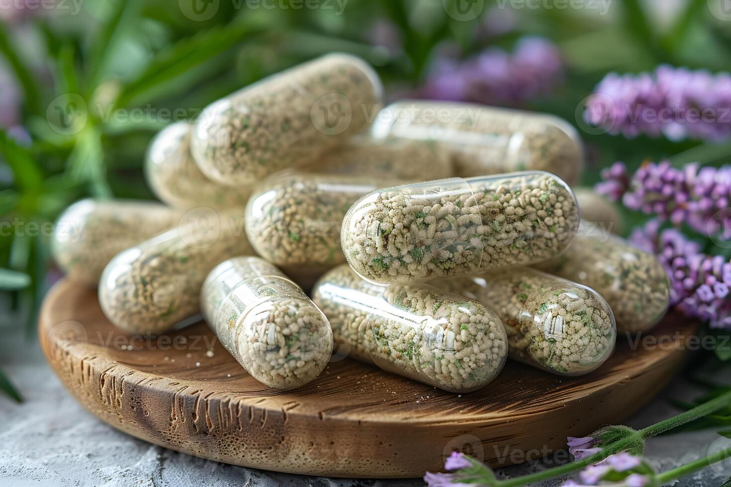 Herbal Supplement Capsules on Wooden Plate with Floral Background for Natural Wellness photo