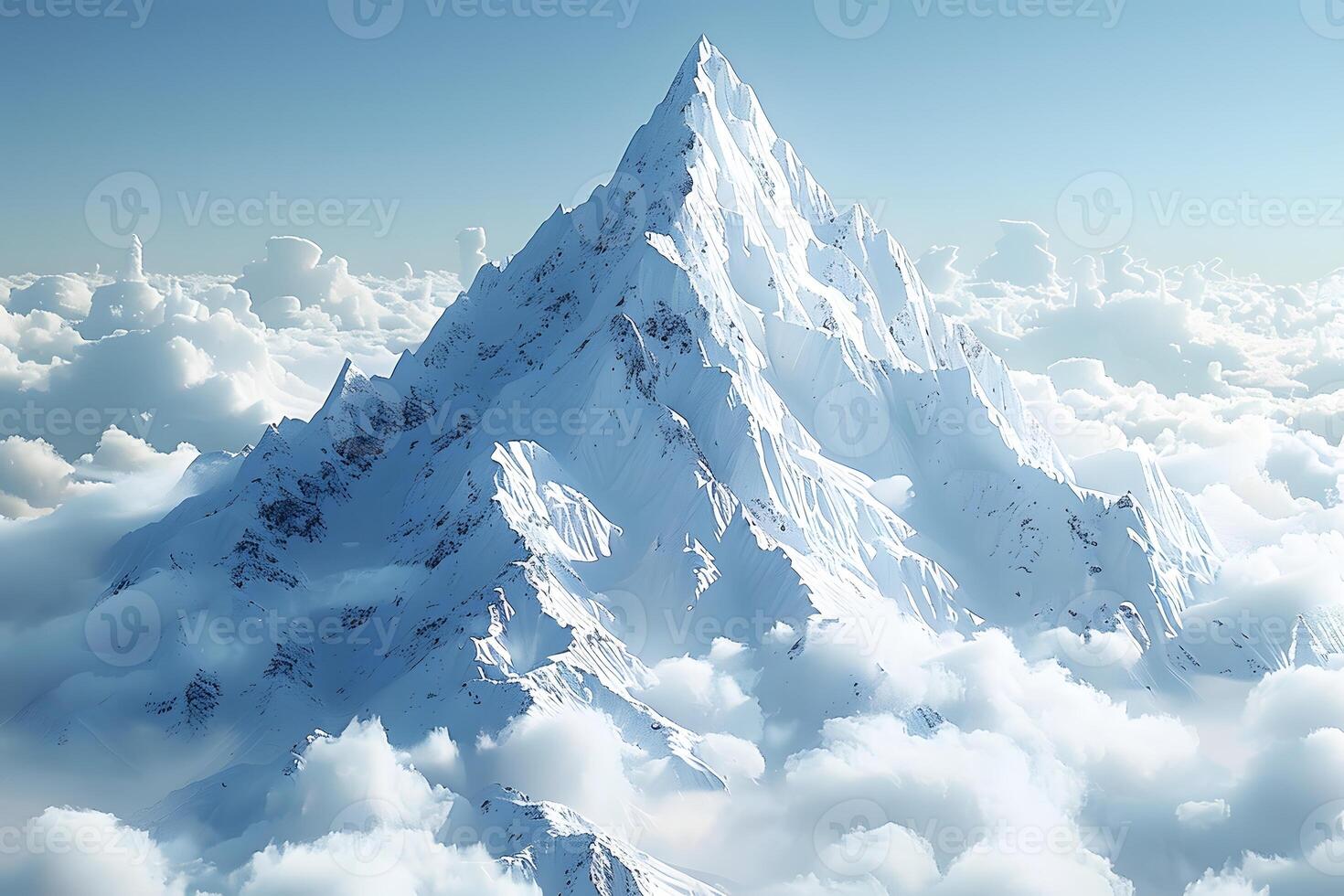 Majestic Snow-Covered Mountain Peak Rising Above the Clouds in a Serene Sky photo