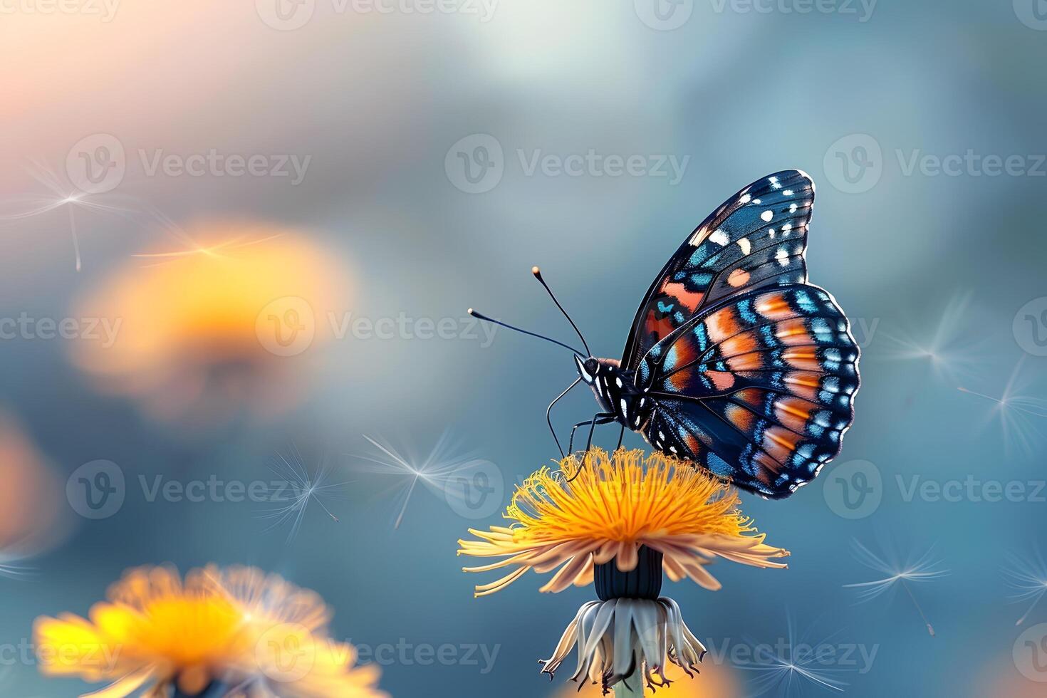 Vibrant Butterfly Resting on Dandelion Flower in Dreamy Meadow photo