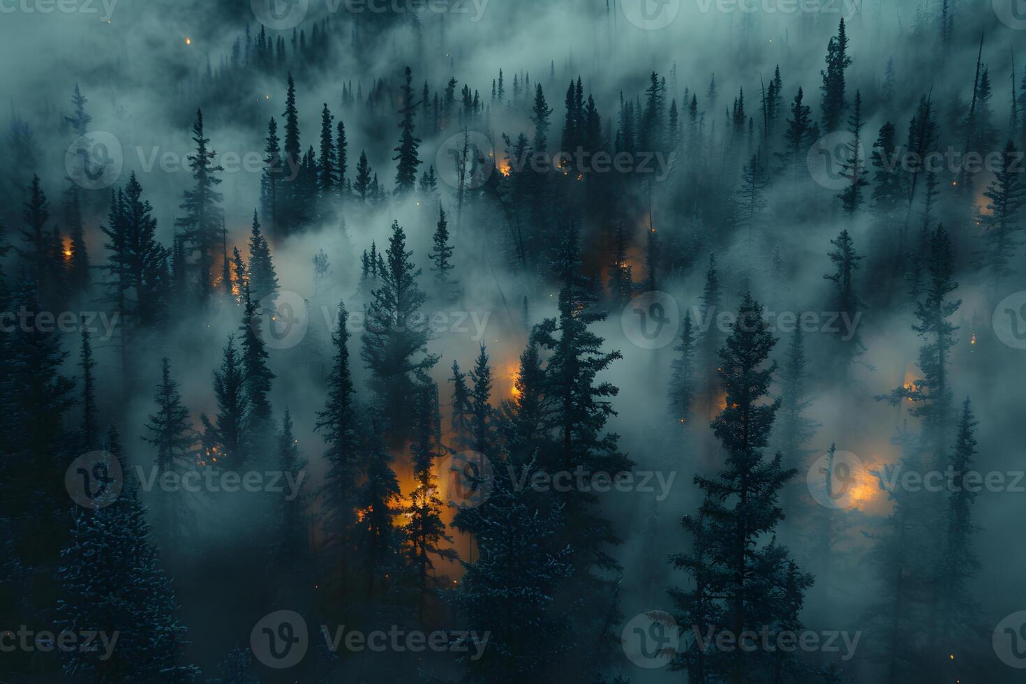 Mysterious Forest Fire in Foggy Landscape - Nature's Untamed Power photo