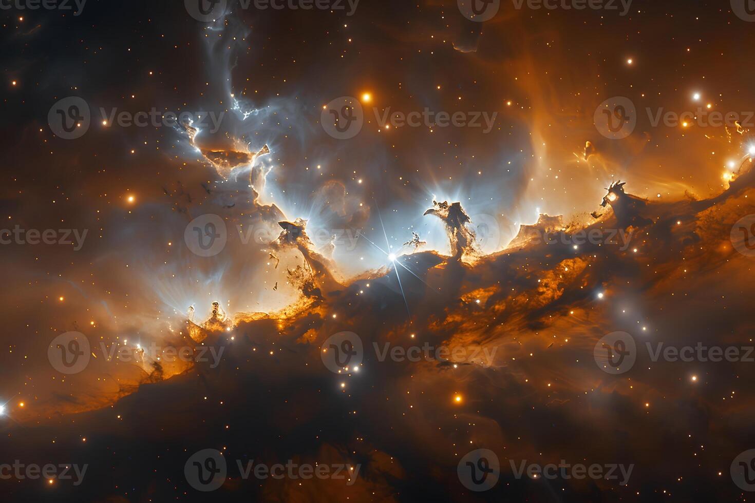 Celestial Nebula Landscape in Outer Space with Glowing Stars and Cosmic Clouds photo