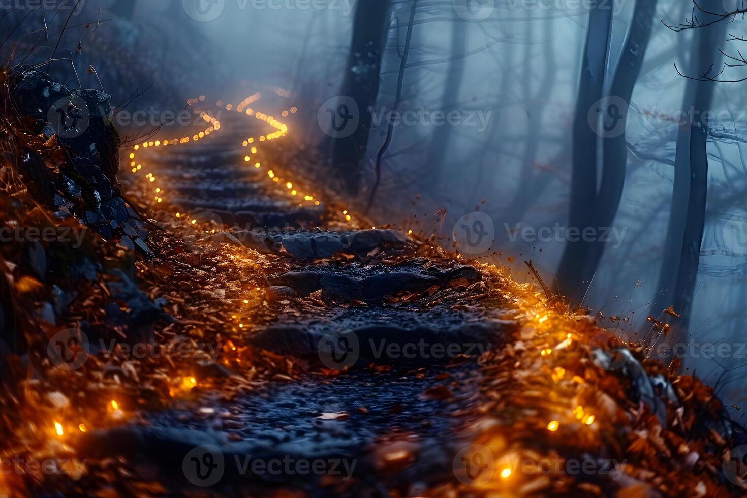 Enchanted Pathway Illuminated by Magical Forest Lights in Autumn Mist photo