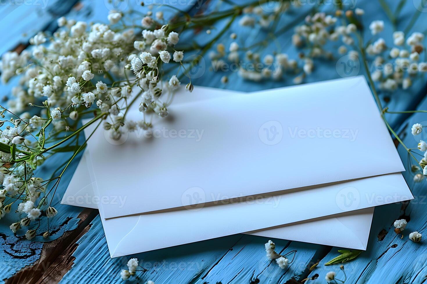 Elegant Floral Wedding Invitation Concept with White Envelopes on Rustic Blue Surface photo