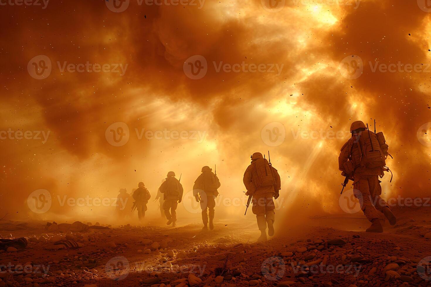 Military Soldiers Advancing Through Sandstorm in Desert Environment photo