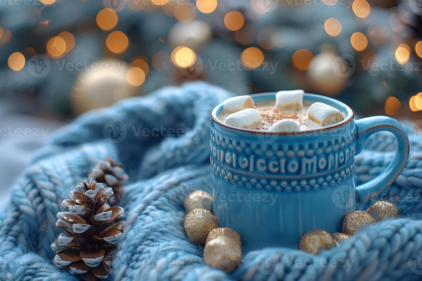 Cozy Winter Setting with Hot Chocolate and Marshmallows in a Festive Blue Mug photo