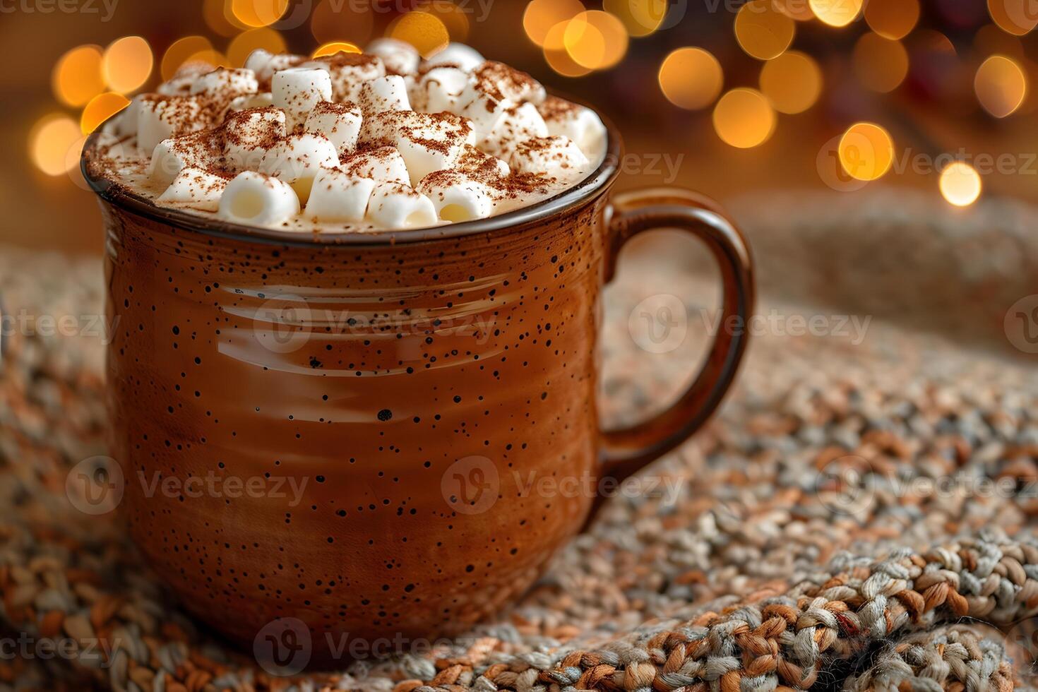 Cozy Winter Treat Hot Chocolate with Marshmallows and Holiday Lights photo