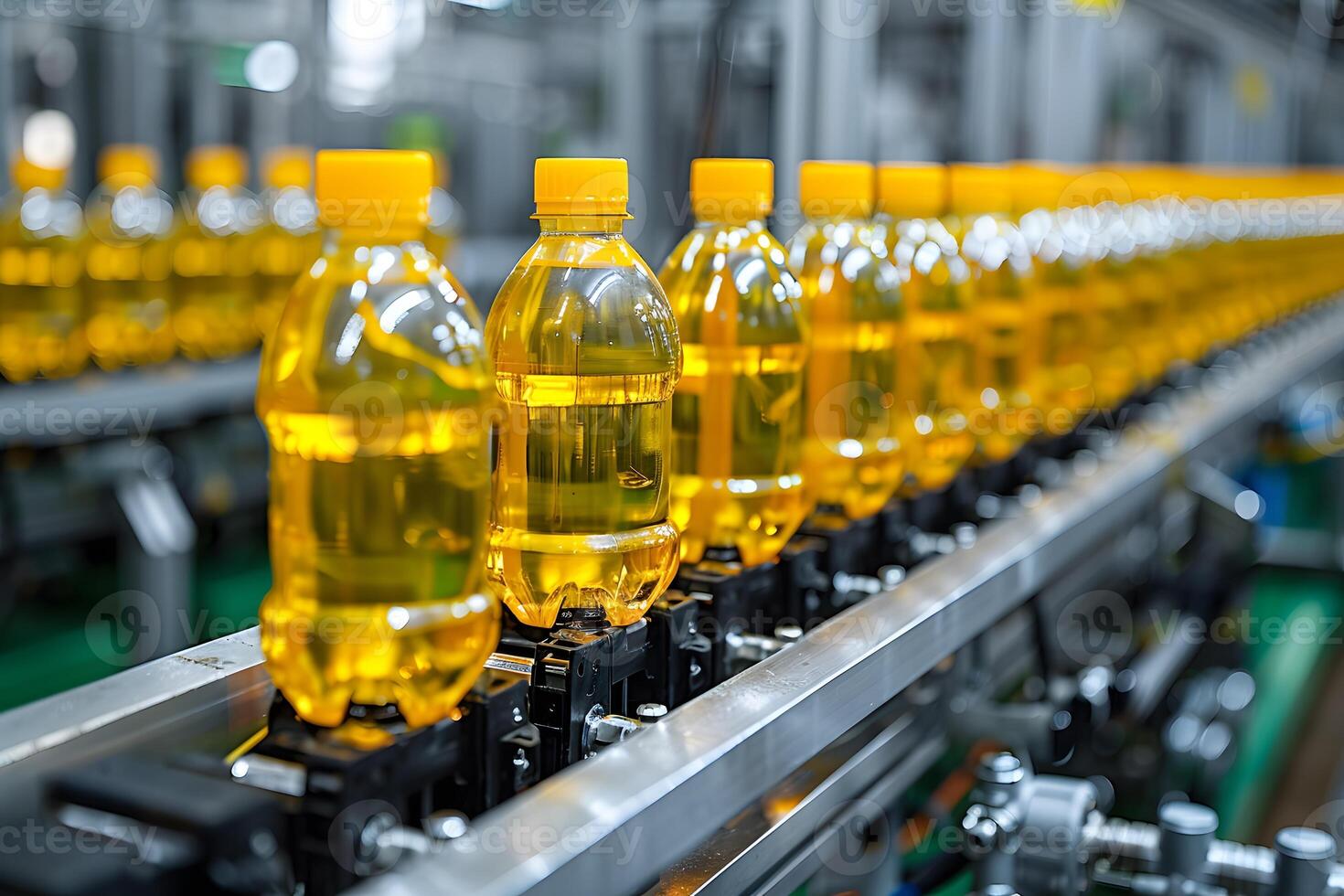 Automated Bottling Line with Yellow Plastic Bottles in a Factory Setting photo