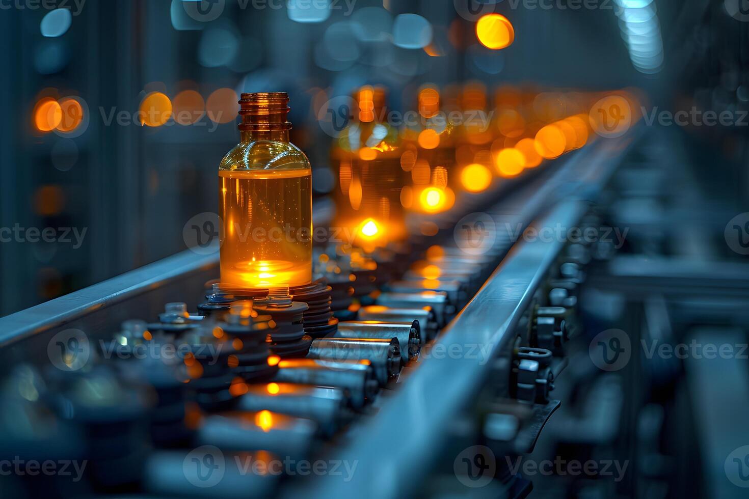 Automated Factory Assembly Line with Glass Bottles and Warm Lighting photo
