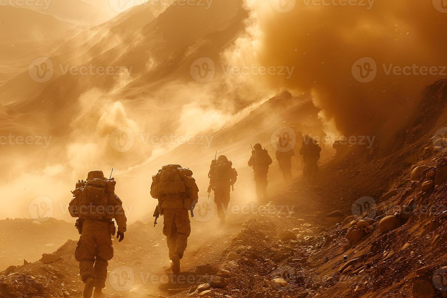 Soldiers Marching Through Dusty Desert Terrain at Sunset photo
