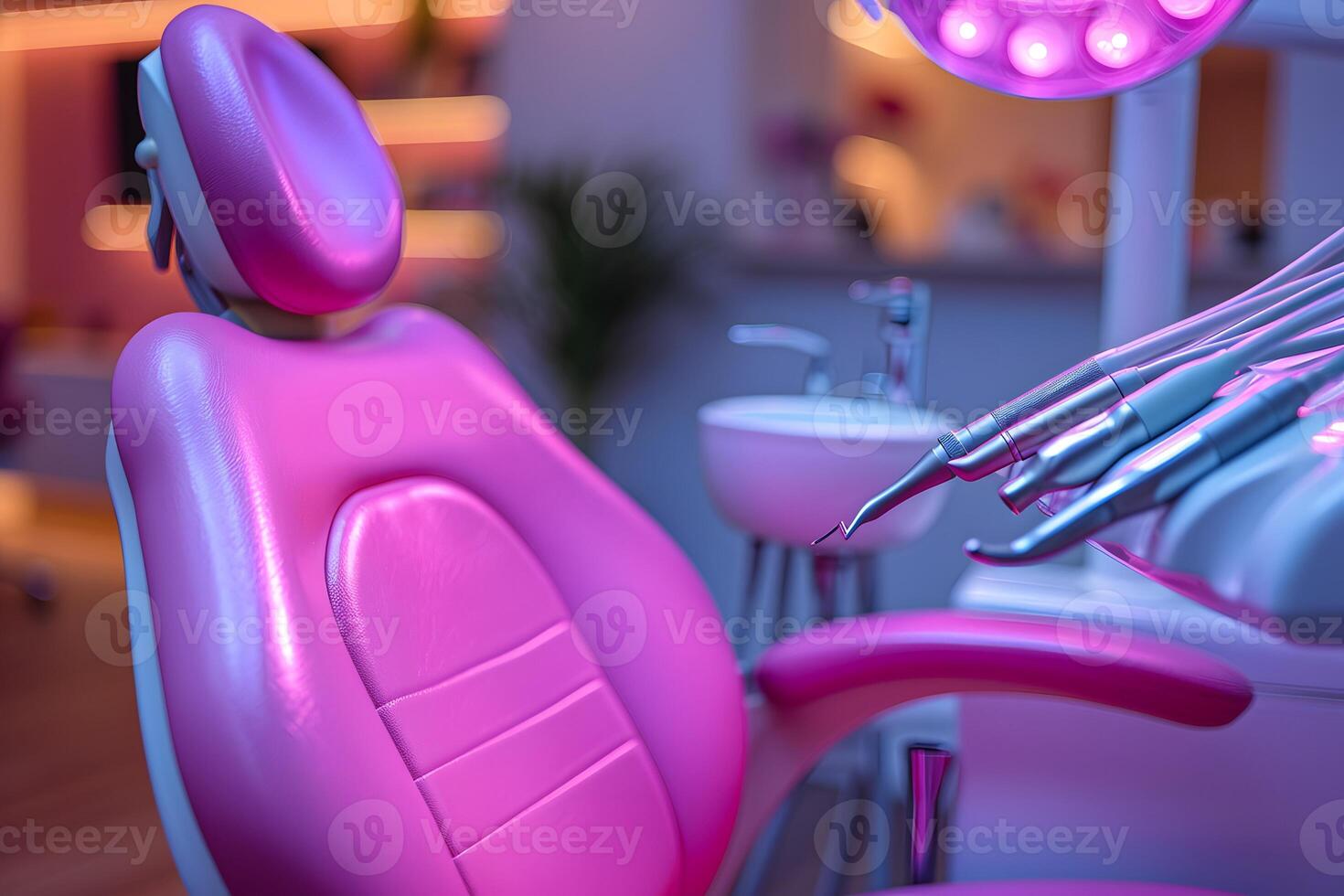 Modern Dental Office with Pink Chair and Advanced Equipment in Soothing Lighting photo
