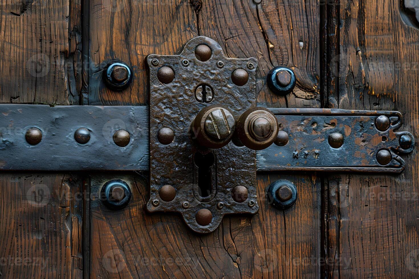 Rustic Vintage Door Lock on Weathered Wooden Surface for Historical Architectural Design photo