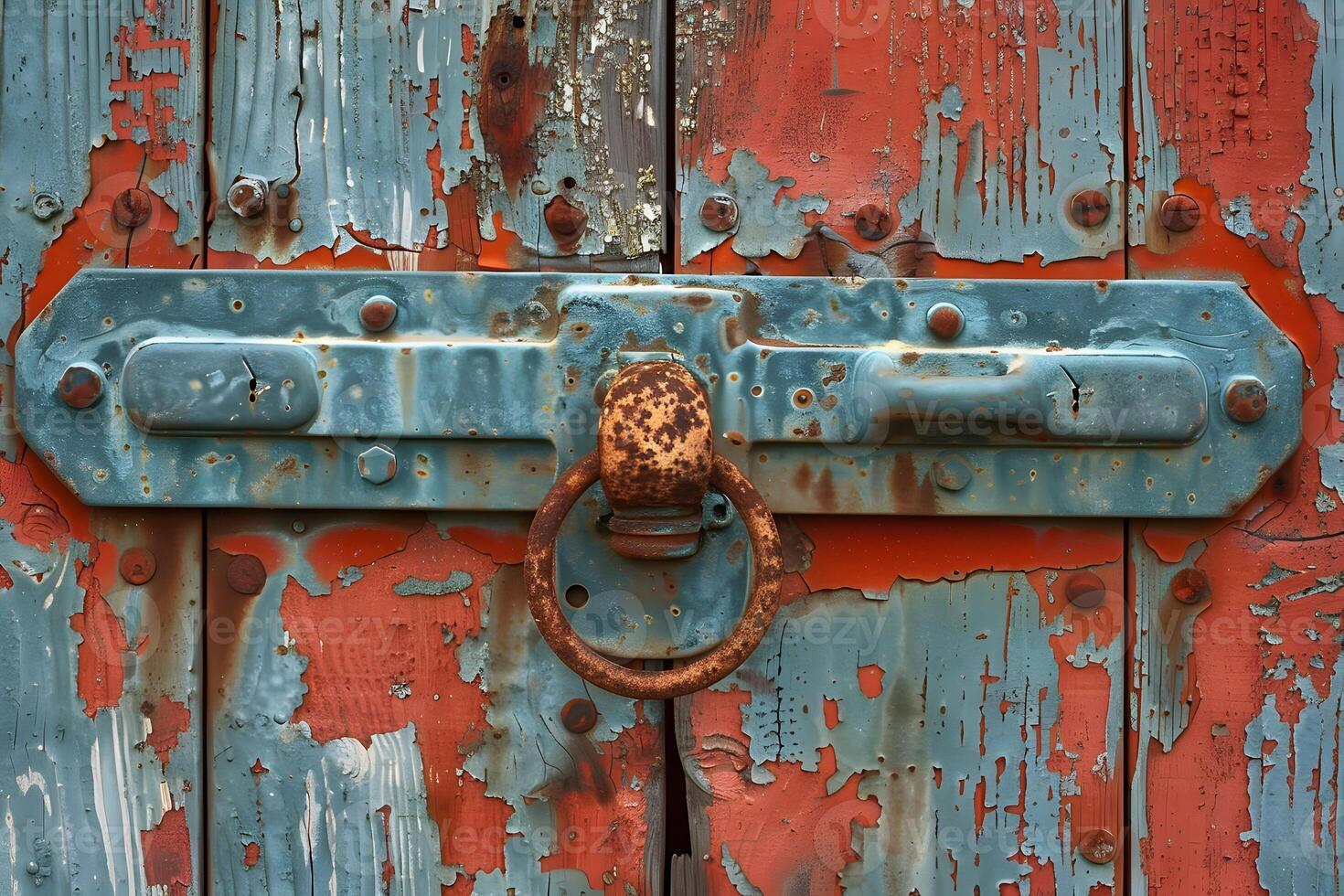 Rustic Aesthetic Weathered Metal Lock on Distressed Wooden Door photo