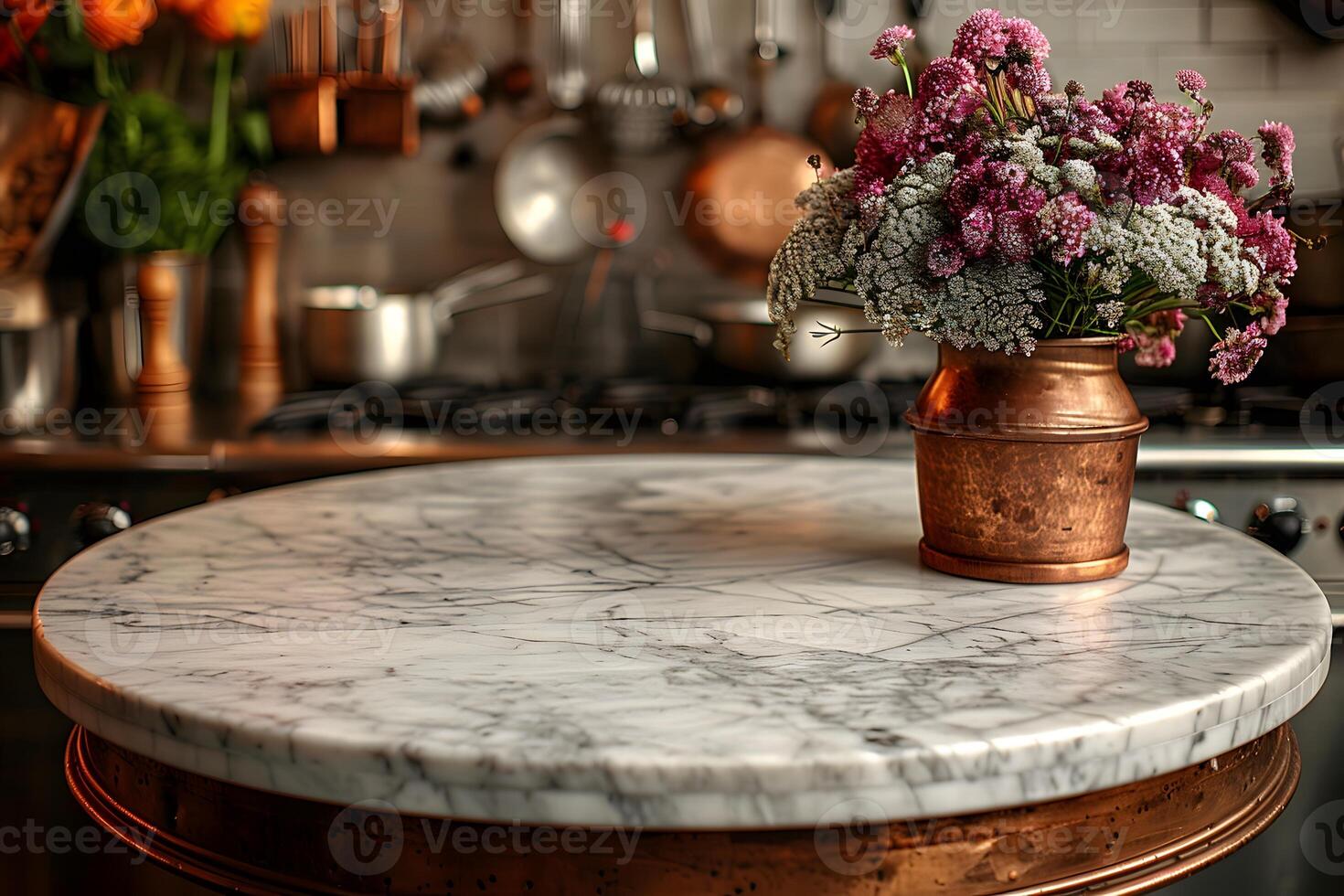 Elegant Kitchen Decor with Marble Tabletop and Copper Accents in Rustic Setting photo