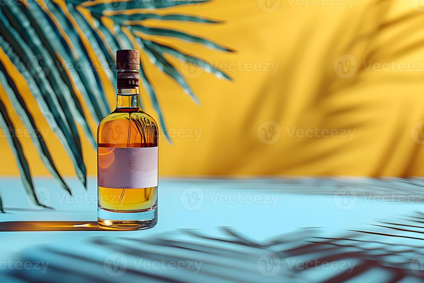 Tropical Summer Vibes with Whiskey Bottle on Colorful Background for Beverage Design photo