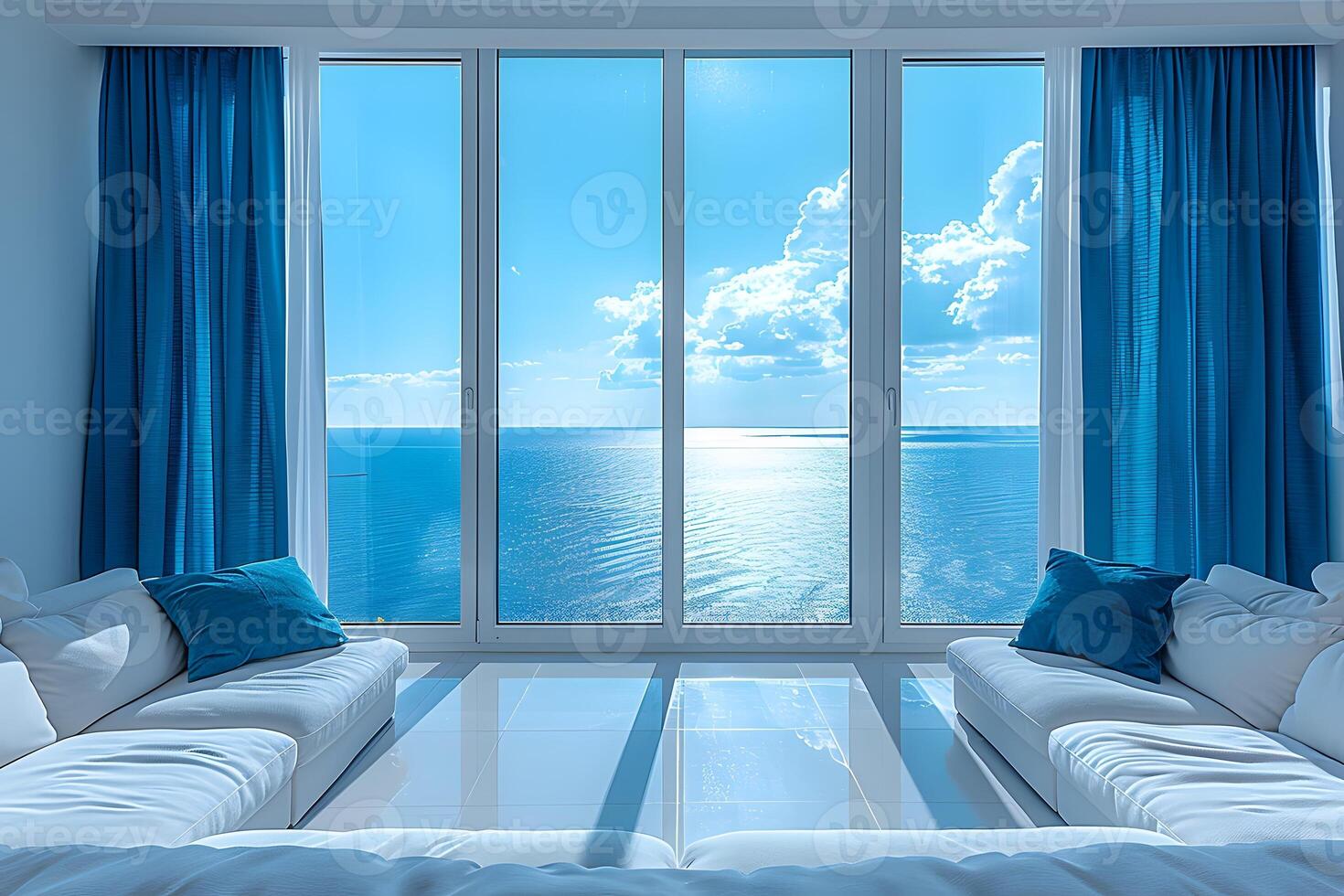Serene Ocean View from a Modern Living Room with Blue Accents photo