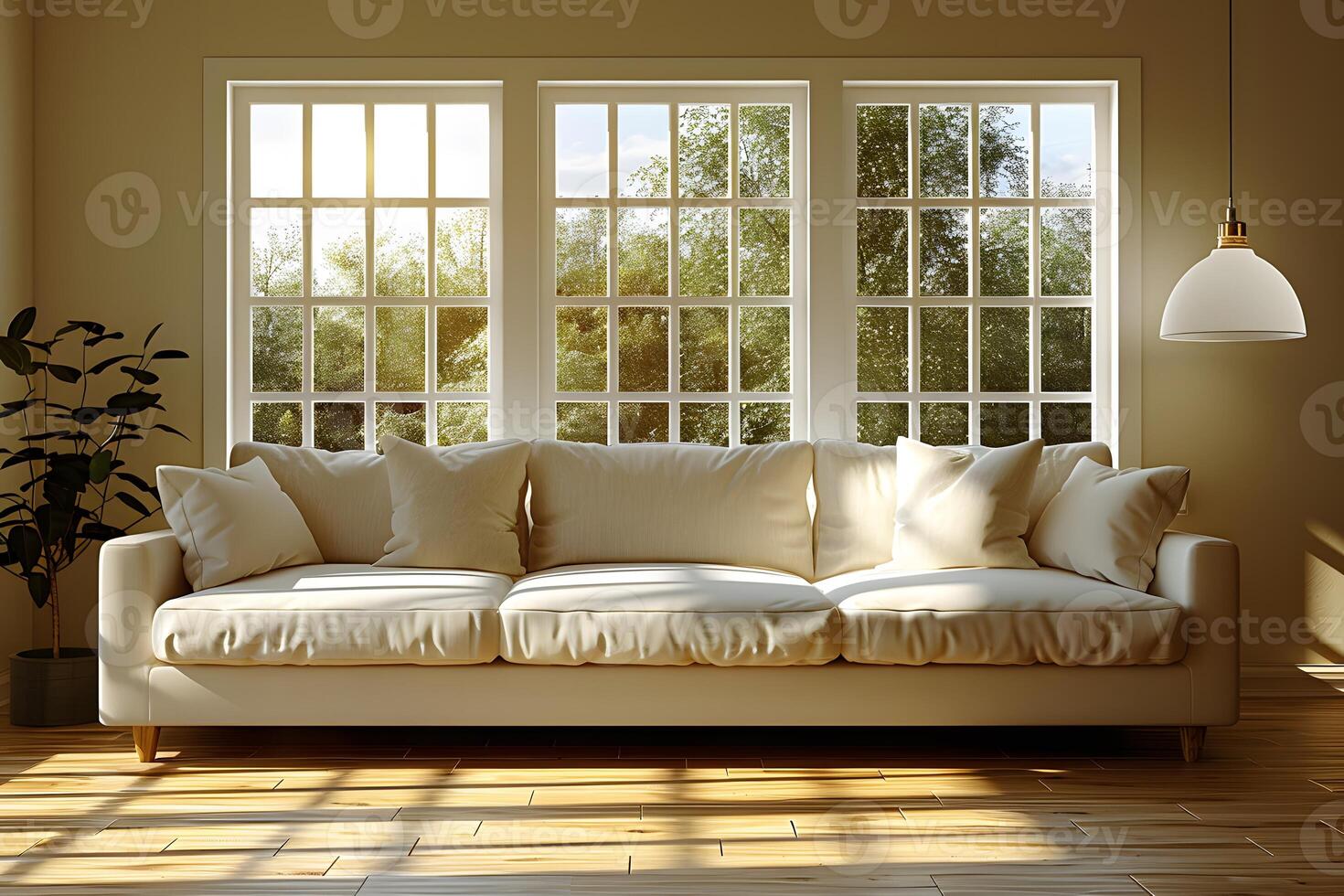 Cozy Sunlit Living Room with Modern White Sofa and Large Windows photo