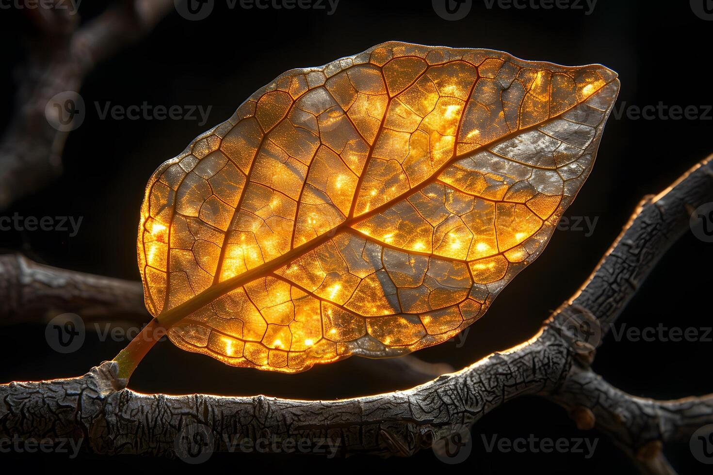 Autumn Leaf Illuminated by Sunlight on Intricate Branch photo