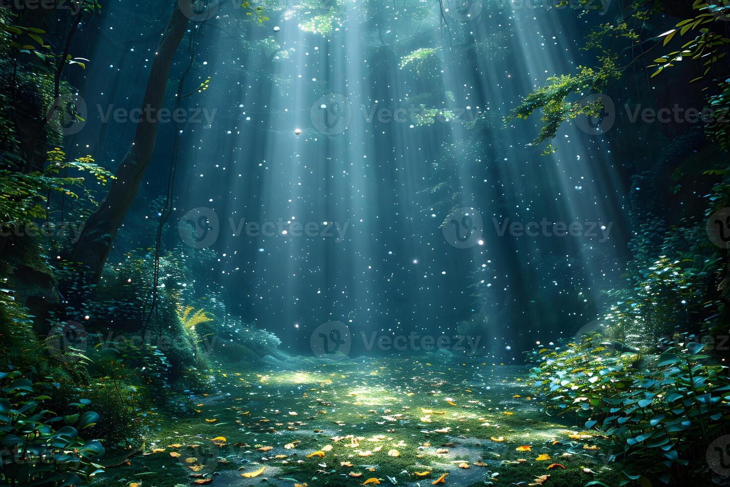 Enchanted Forest with Sunlight Beams in Tranquil Woodland Glade photo