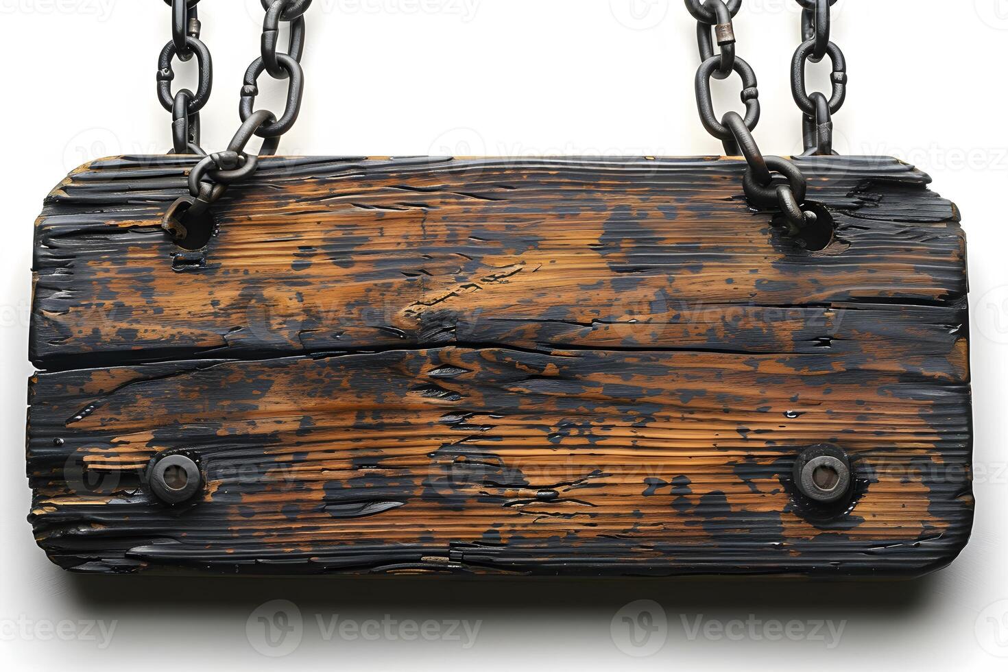 Rustic Wooden Sign with Chains for Vintage Design or Advertising Display photo