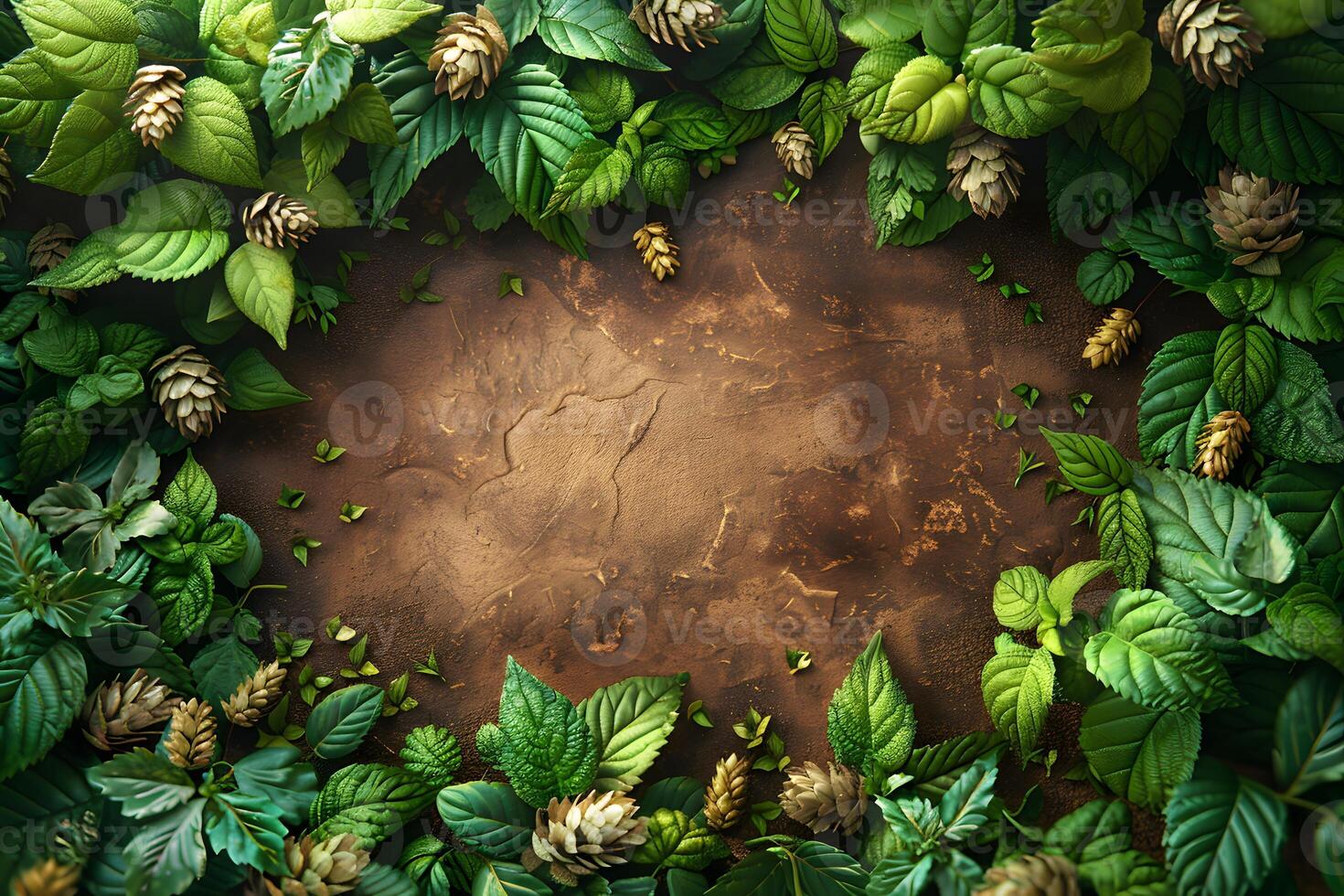 Lush Green Foliage Frame with Hops Cones on Rustic Background for Nature-Themed Designs photo