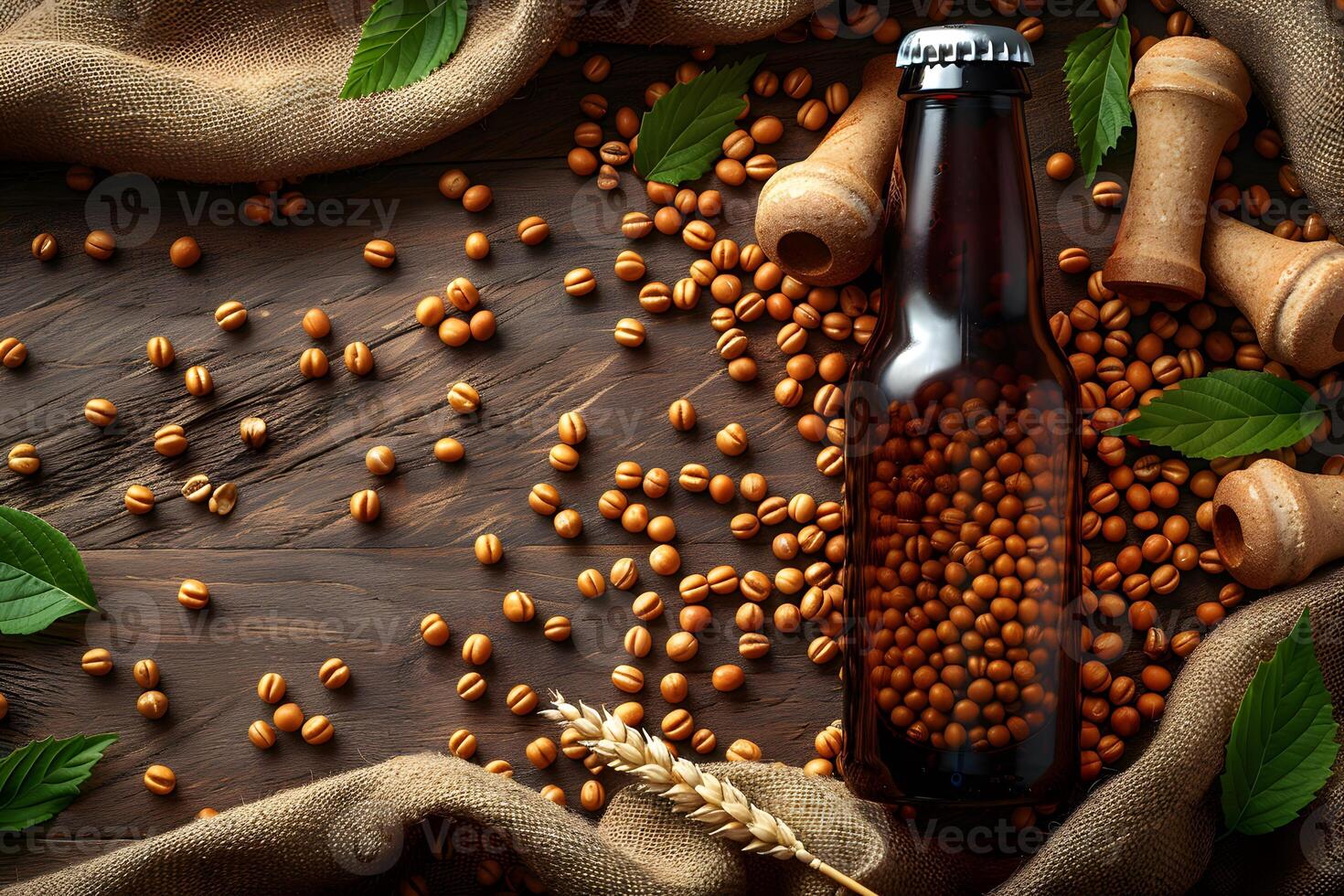 Craft Beer and Brewing Elements with Bottle and Wheat on Rustic Wooden Table photo