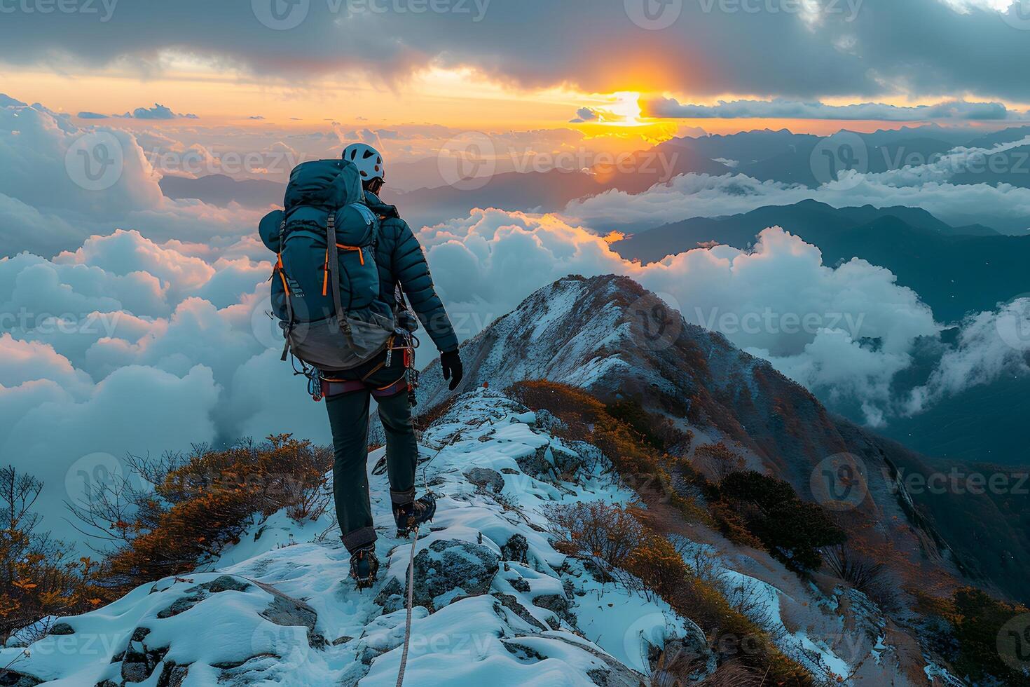 Adventurer Exploring Snowy Mountain Trail at Sunset with Dramatic Cloudscape photo