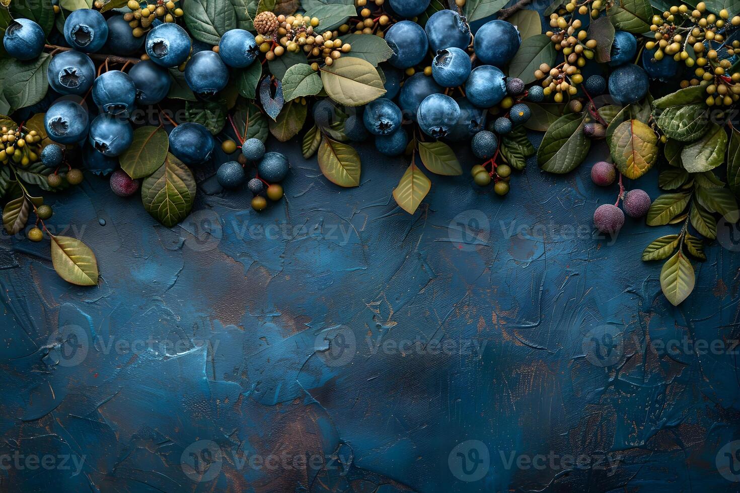 Autumn Harvest Blueberries and Leaves on Textured Dark Background for Seasonal Designs photo