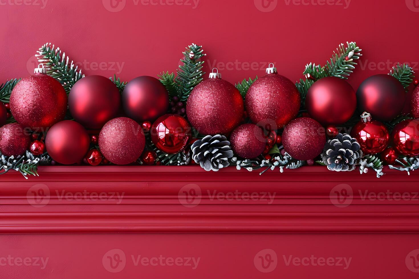 Festive Holiday Decorations with Red Christmas Ornaments and Pine Cones on Mantel photo