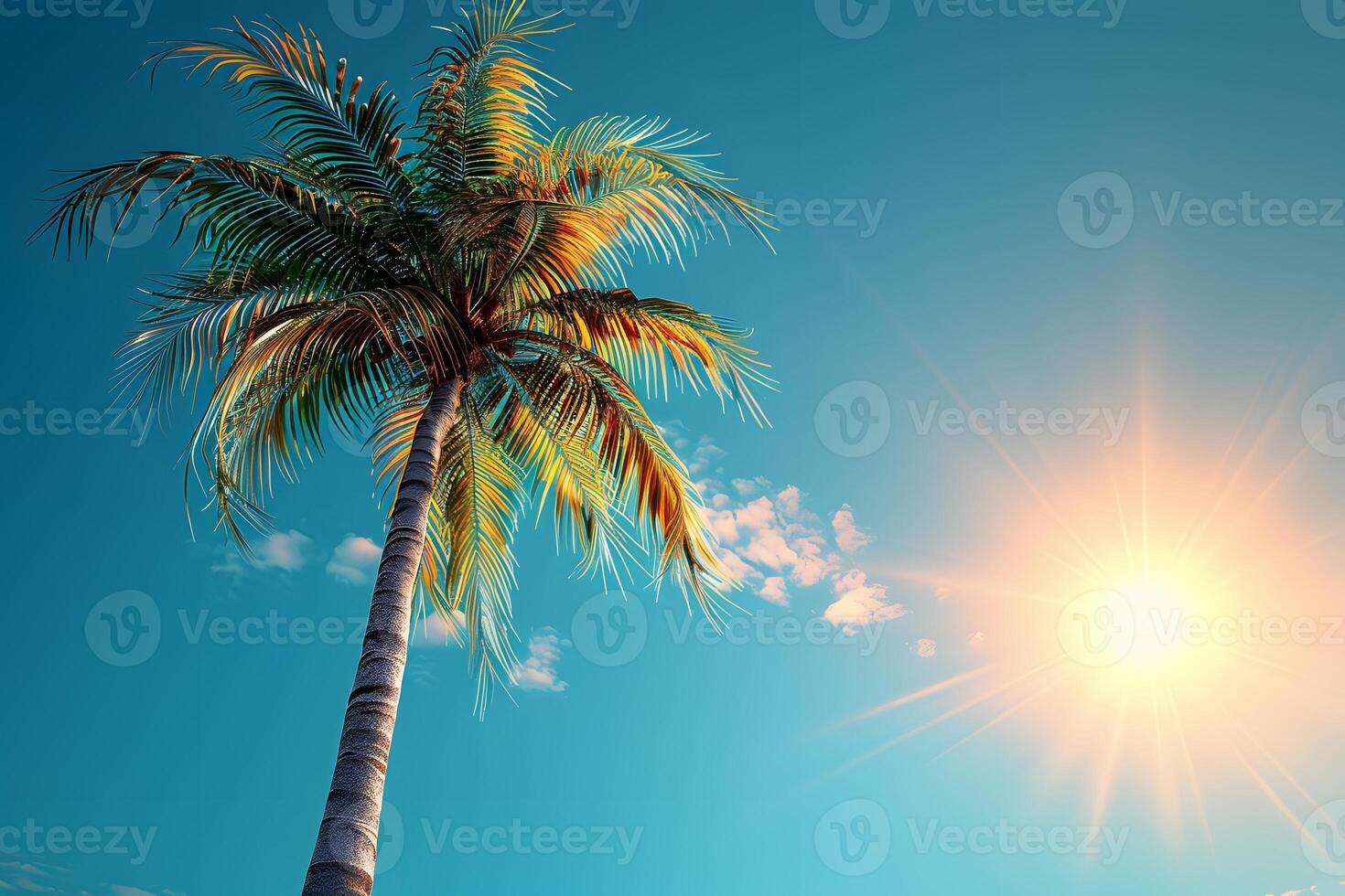 Tropical Oasis Palm Tree Under Radiant Sunlight for Summer Vacation Theme photo
