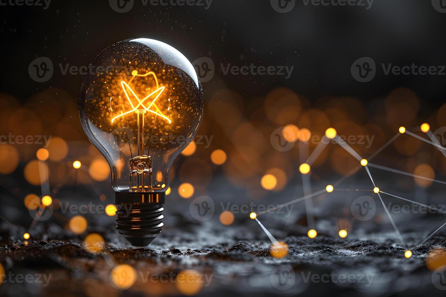 A light bulb with glowing light and a network photo