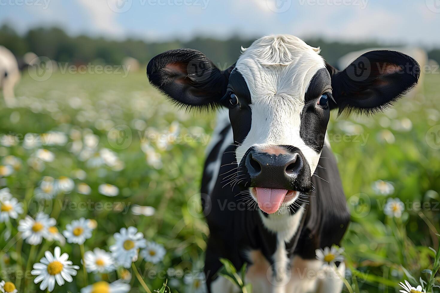 A cow standing in a field of flowers photo