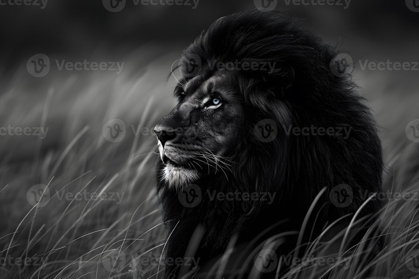 Black and white photo of a lion in the grass
