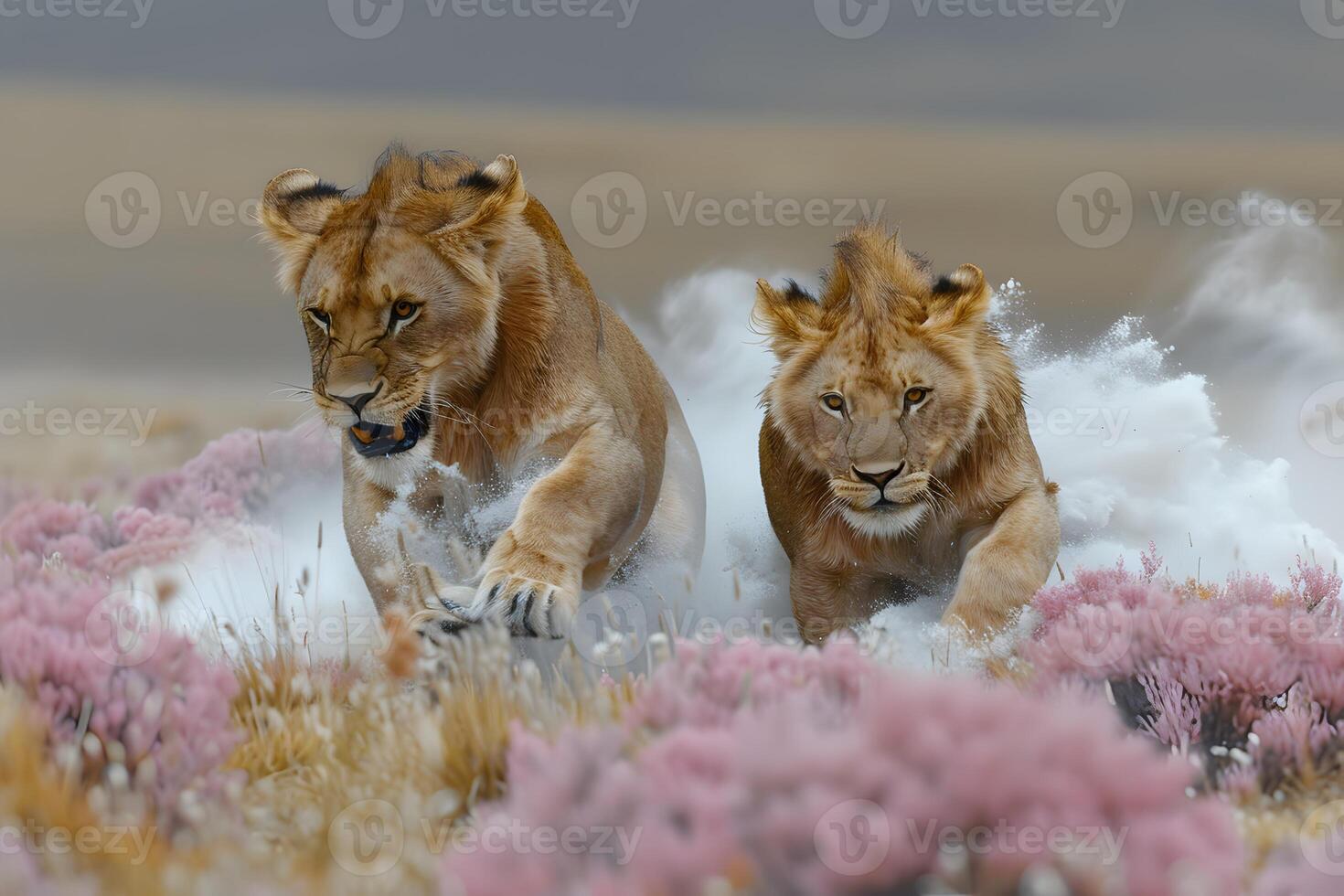 Two lions running through the field photo