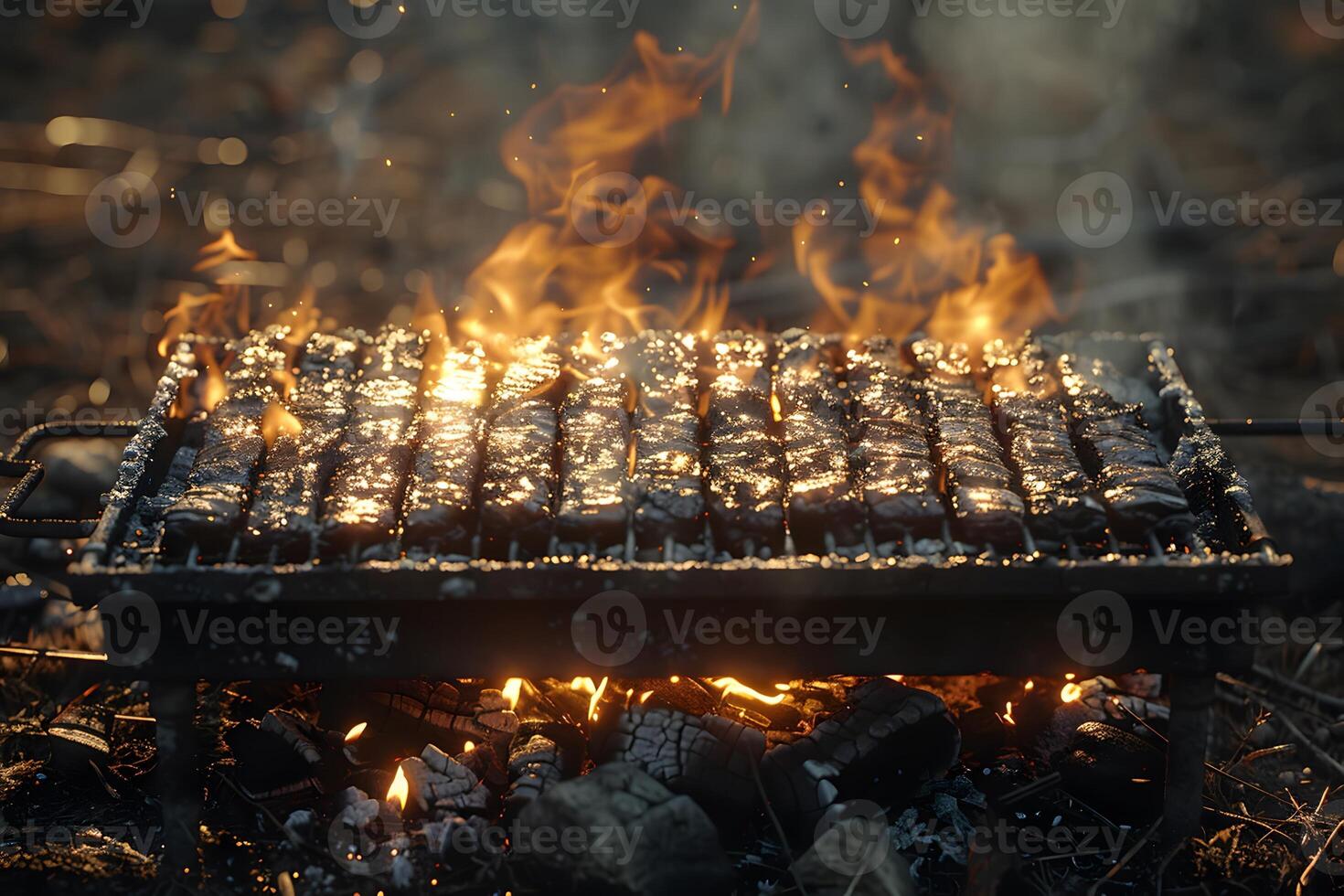 A grill with meat on it is on fire photo