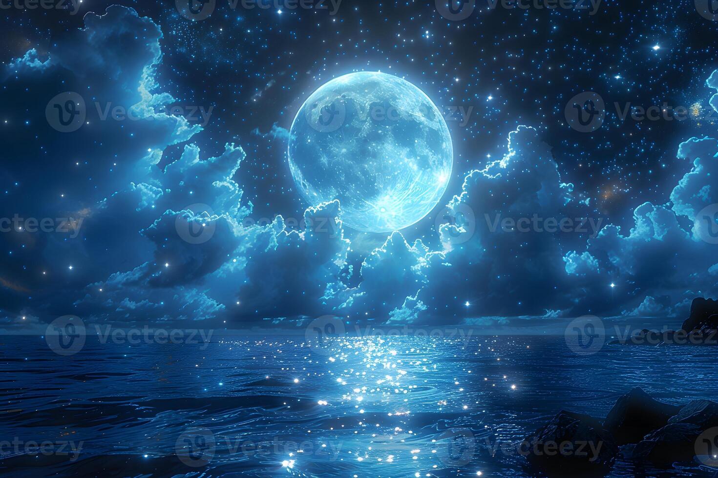 A full moon over the ocean with stars and clouds photo