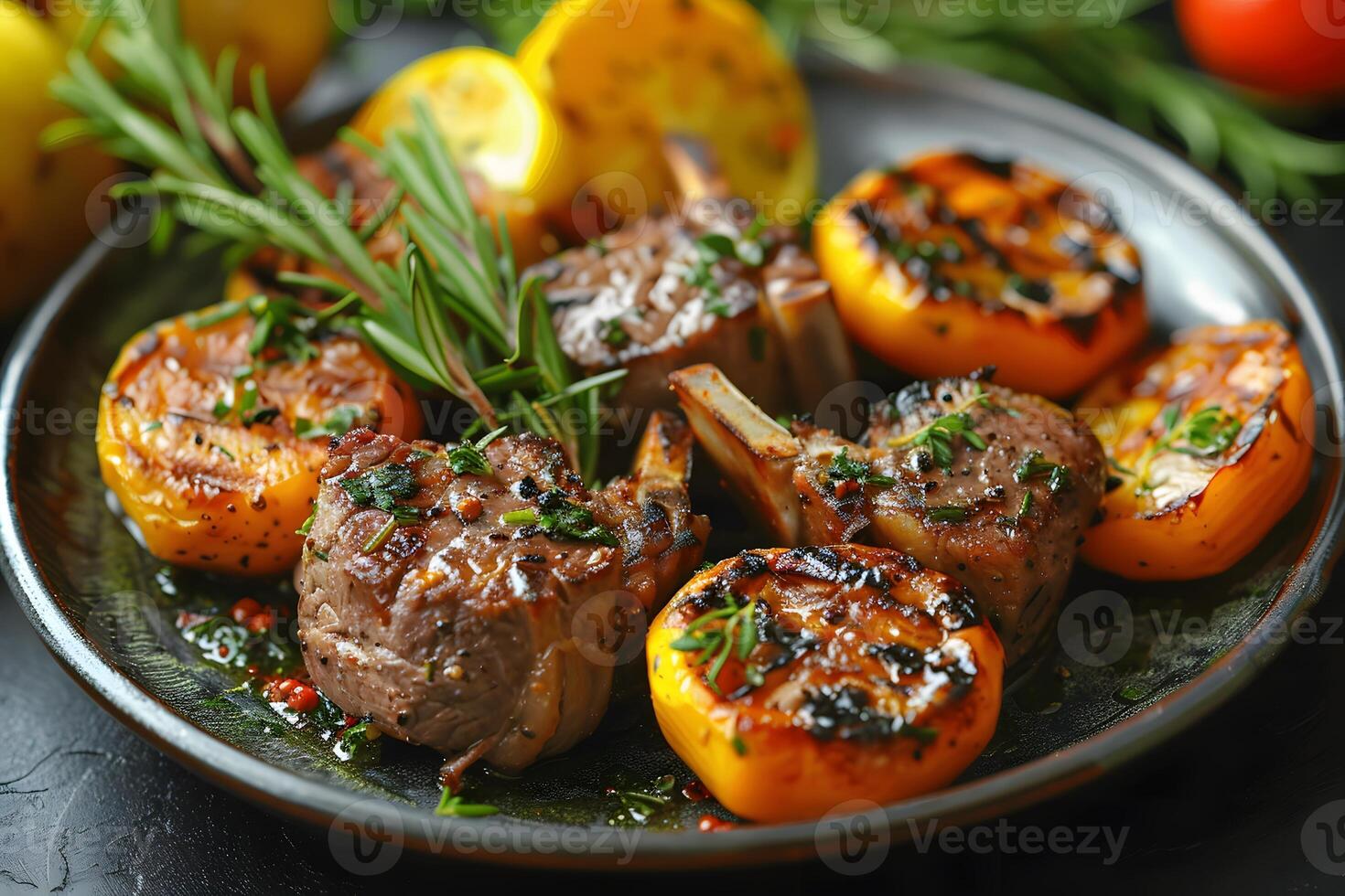 Grilled lamb chops with tomatoes and herbs on a black plate photo