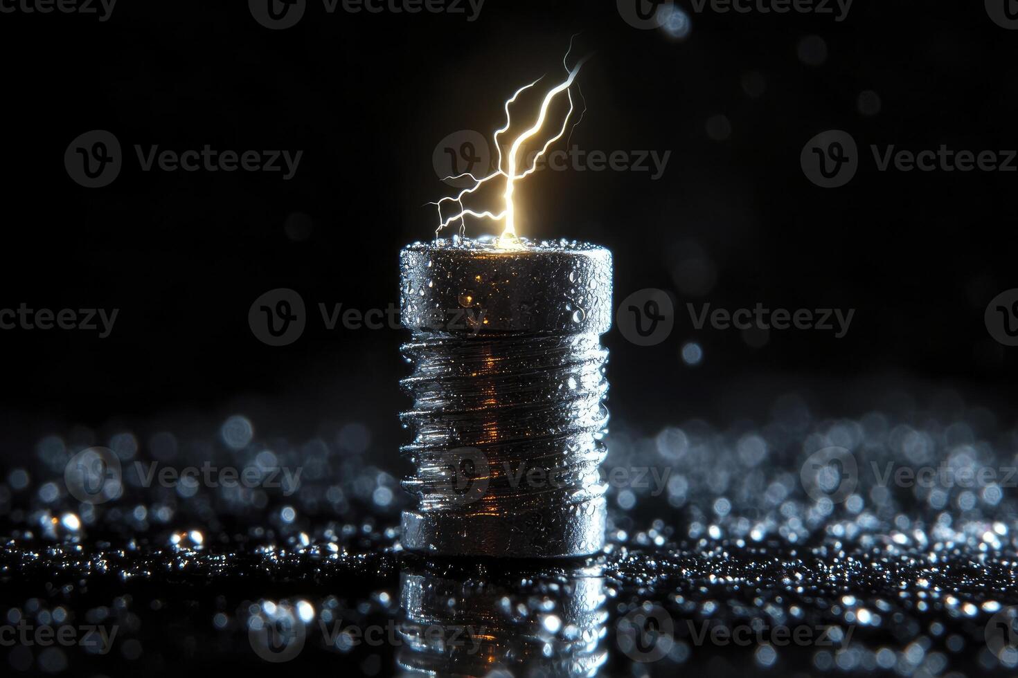 A lit candle on a black background with water droplets photo