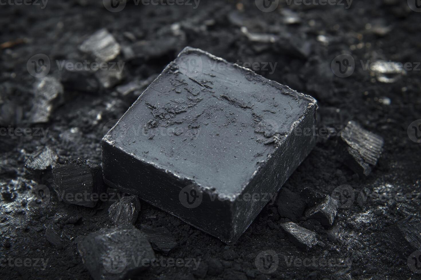 A black block of charcoal sitting on top of a pile of coal photo