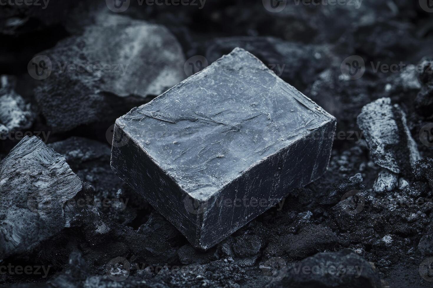 A black block of coal sitting on top of some rocks photo