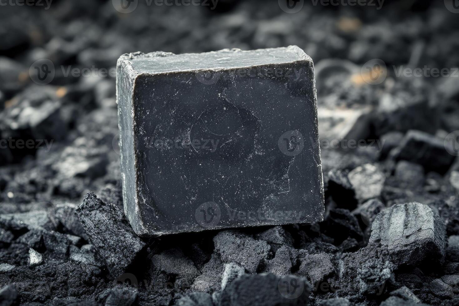A black soap bar sitting on top of a pile of coal photo