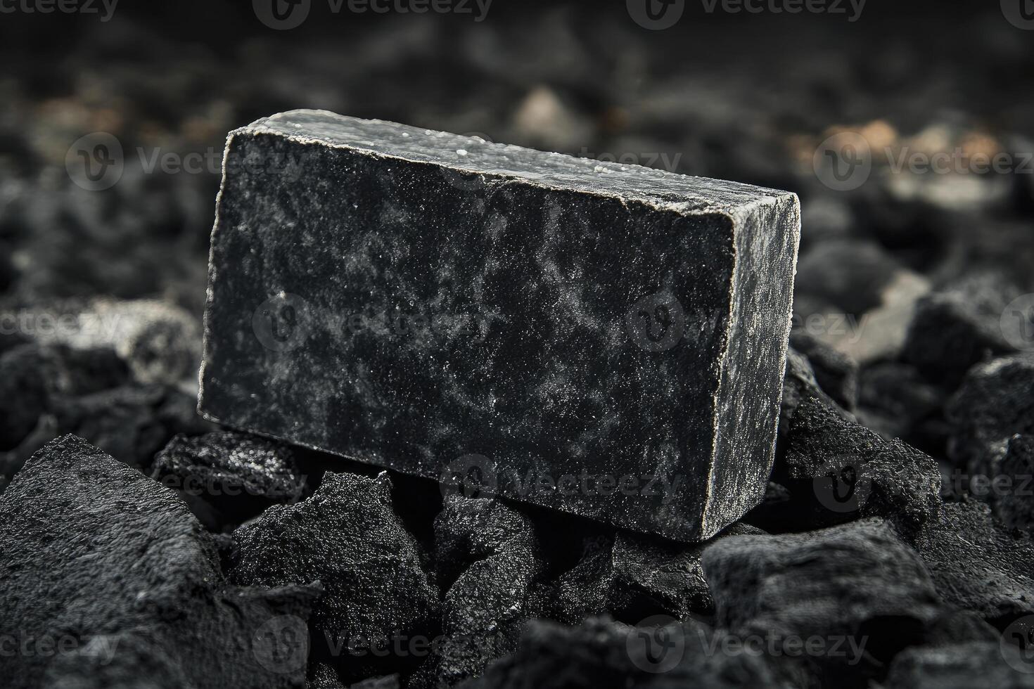 A black soap bar sitting on top of a pile of coal photo