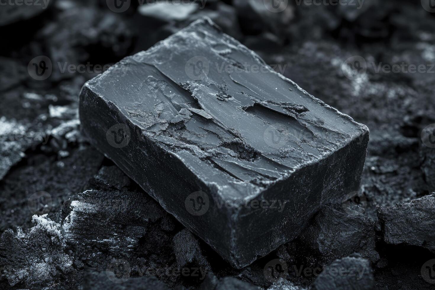 A black soap bar sitting on top of coal photo