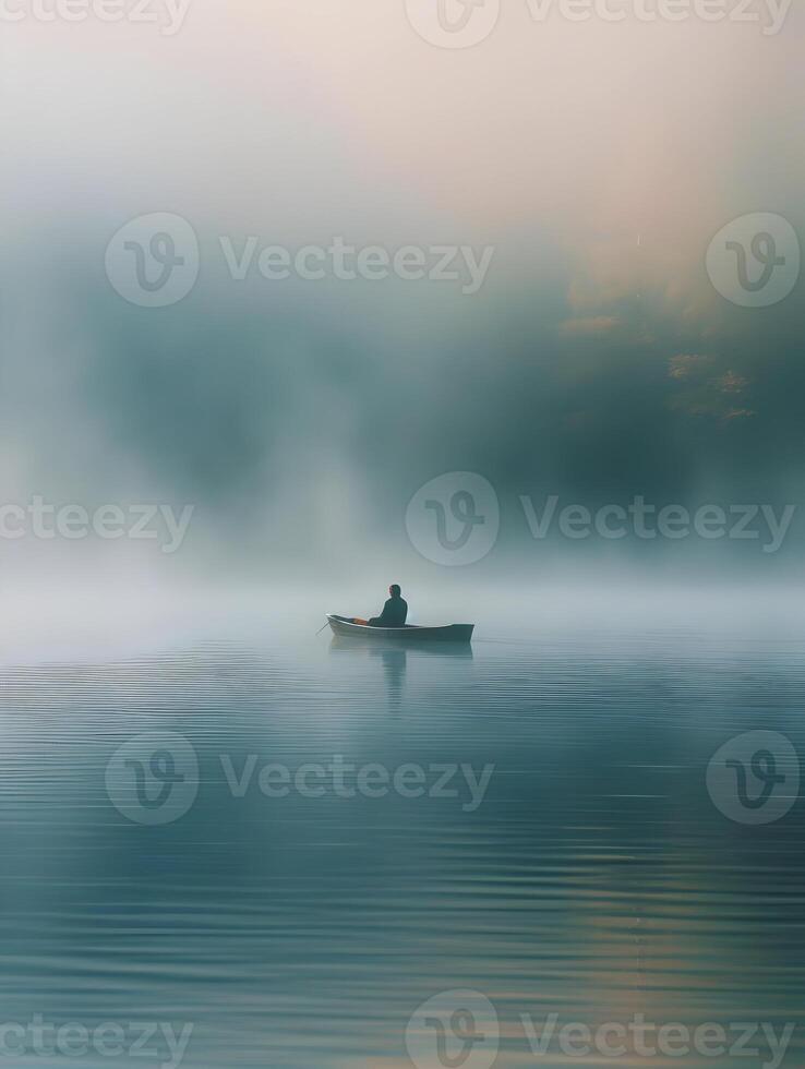 A man in a boat on a foggy lake photo