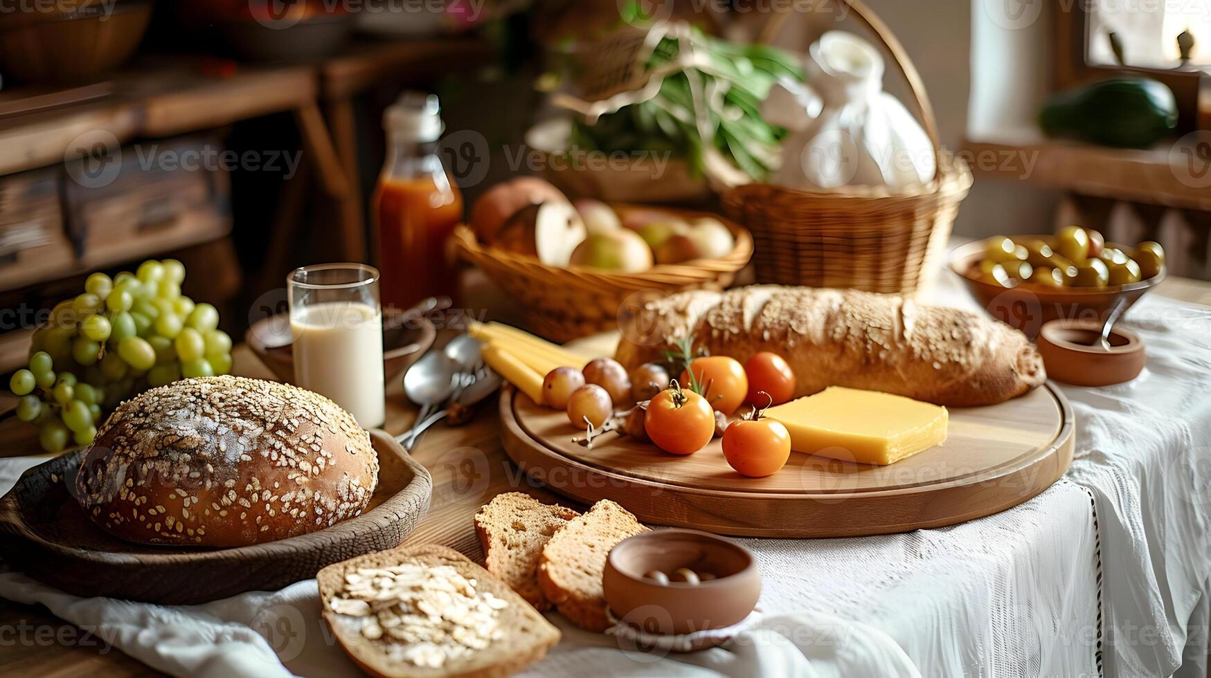 A table with bread, cheese, fruit and other foods photo