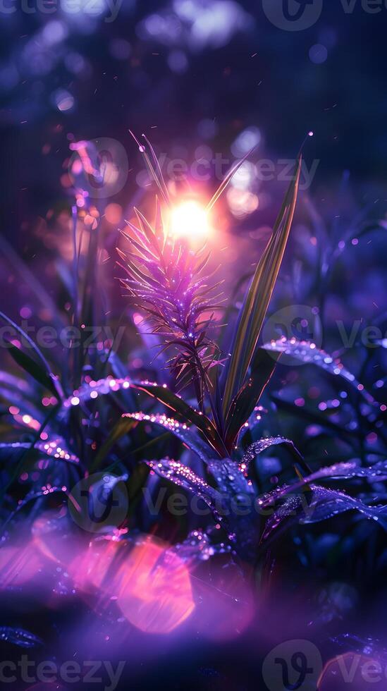 Purple flowers in the dark with the sun shining photo