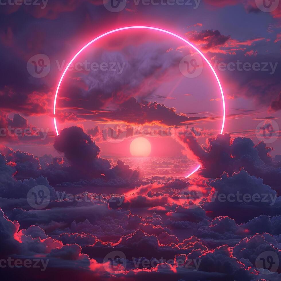 A red neon circle in the sky above clouds photo